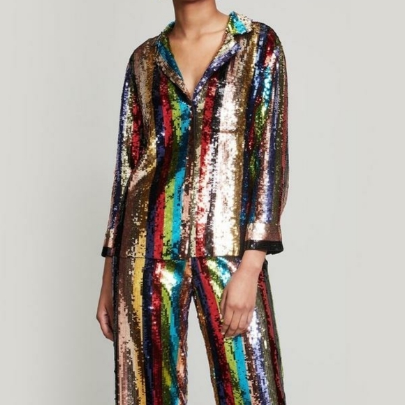 Alice Olivia Sequin Striped Pajama Set Keir Top Sz S Meera Pants Sz M - Picture 1 of 6